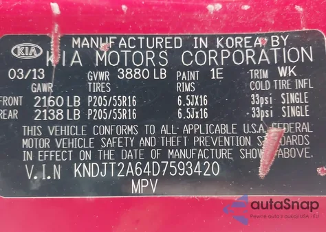 2013 Kia Soul + из США, поврежденный, VIN KNDJT2A64D7593420